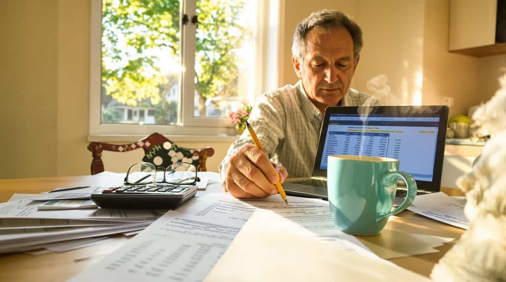 A man working at a cluttered desk with a laptop, papers, and a coffee mug in a bright home office.