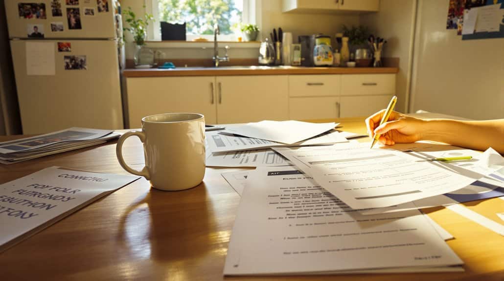 Person reviewing mortgage documents at a kitchen table in Canada.