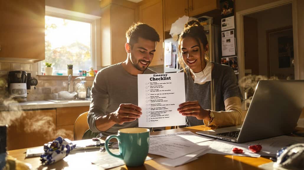 Happy couple reviewing a home buying checklist in a bright kitchen.