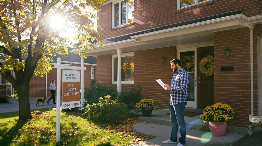A man reading a real estate checklist outside a brick house in autumn.
